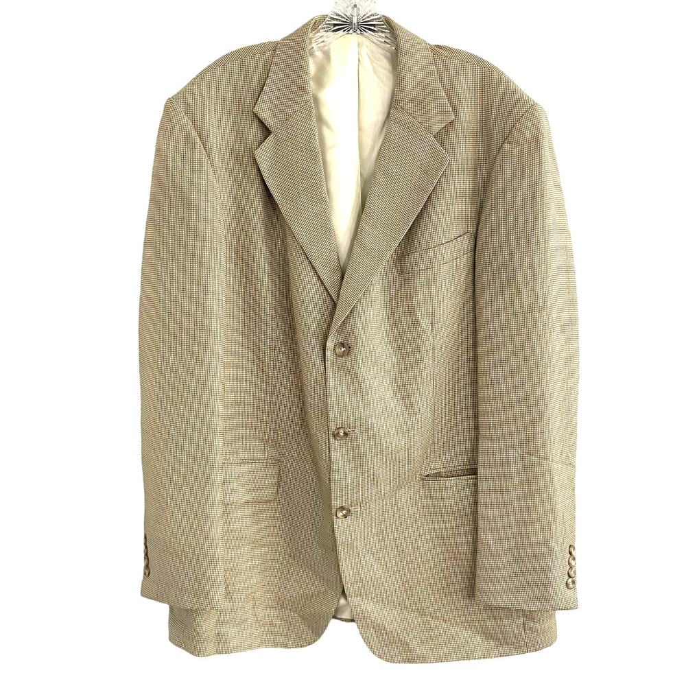 Oscar De La Renta 100% Wool Tan Sport Jacket Micro Check Sand Blazer Mens 43L